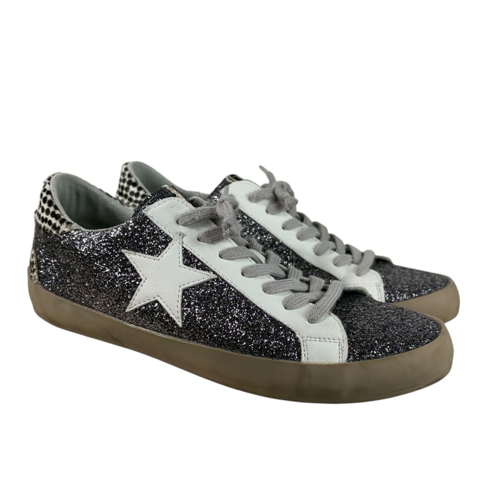 Shu Shop Paula Pewter Glitter Low Top Lace Up Sneakers Metallic Leather Sneakers